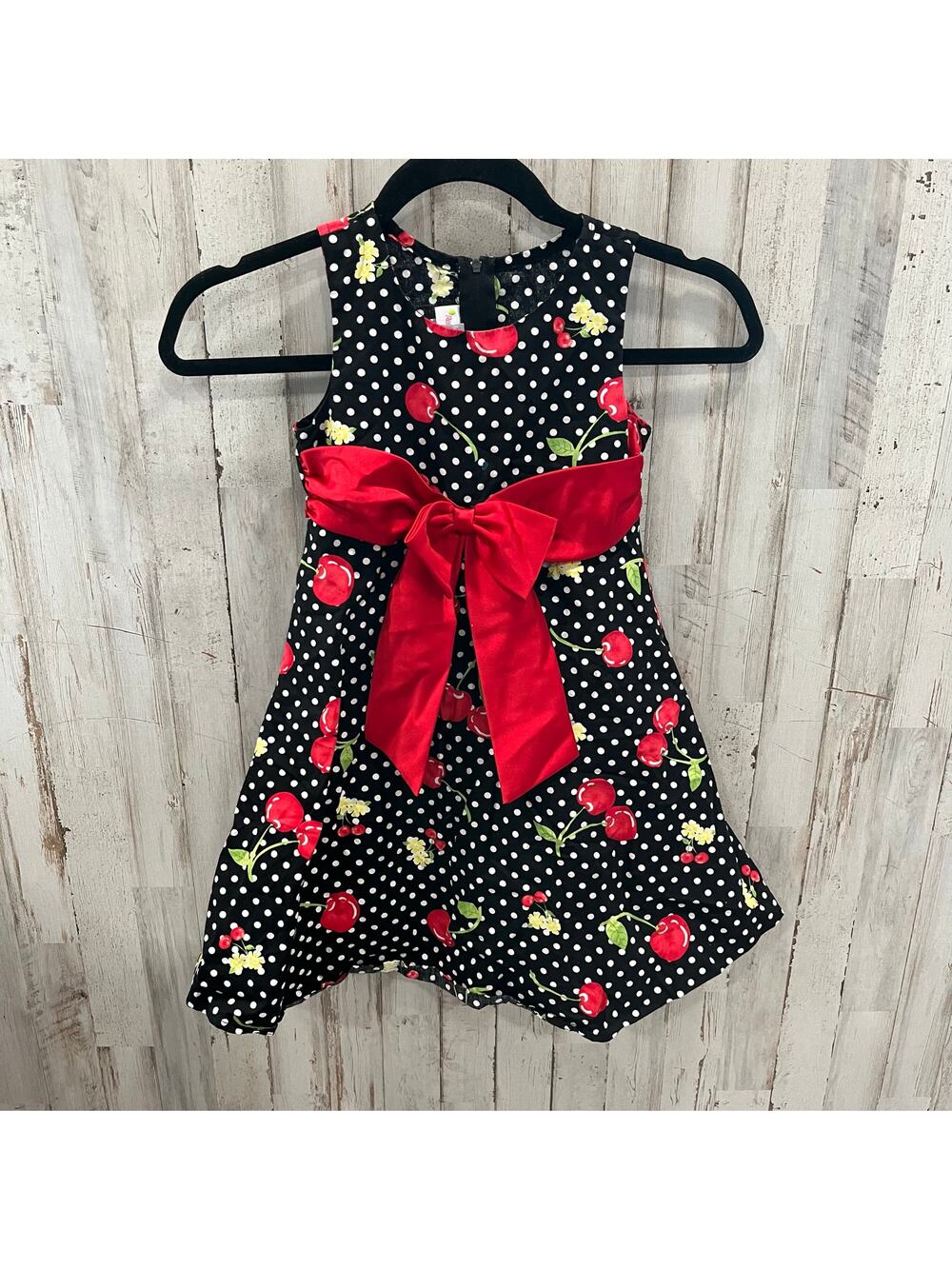 Ashley Ann Black Red Polka Bow Full Skirt Dress Cherry Fruit Flowers Girls 5